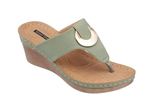 GC Shoes Womens Memory Foam Wedge Sandals, Open Toe Mid Heel Platform, Comfy Vegan Leather Disc Strap Thong, Genelle/Green/9