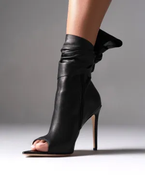 Genuine Leather Summer Open-Toe Stiletto Boots for Women - Pointed Toe, Bow Detail, Side Zipper - Elegant Party &