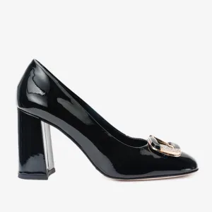 The Ferrara Black Patent Leather Block Heel Pump Women Shoe Elegant Boots Sparkle Shine
