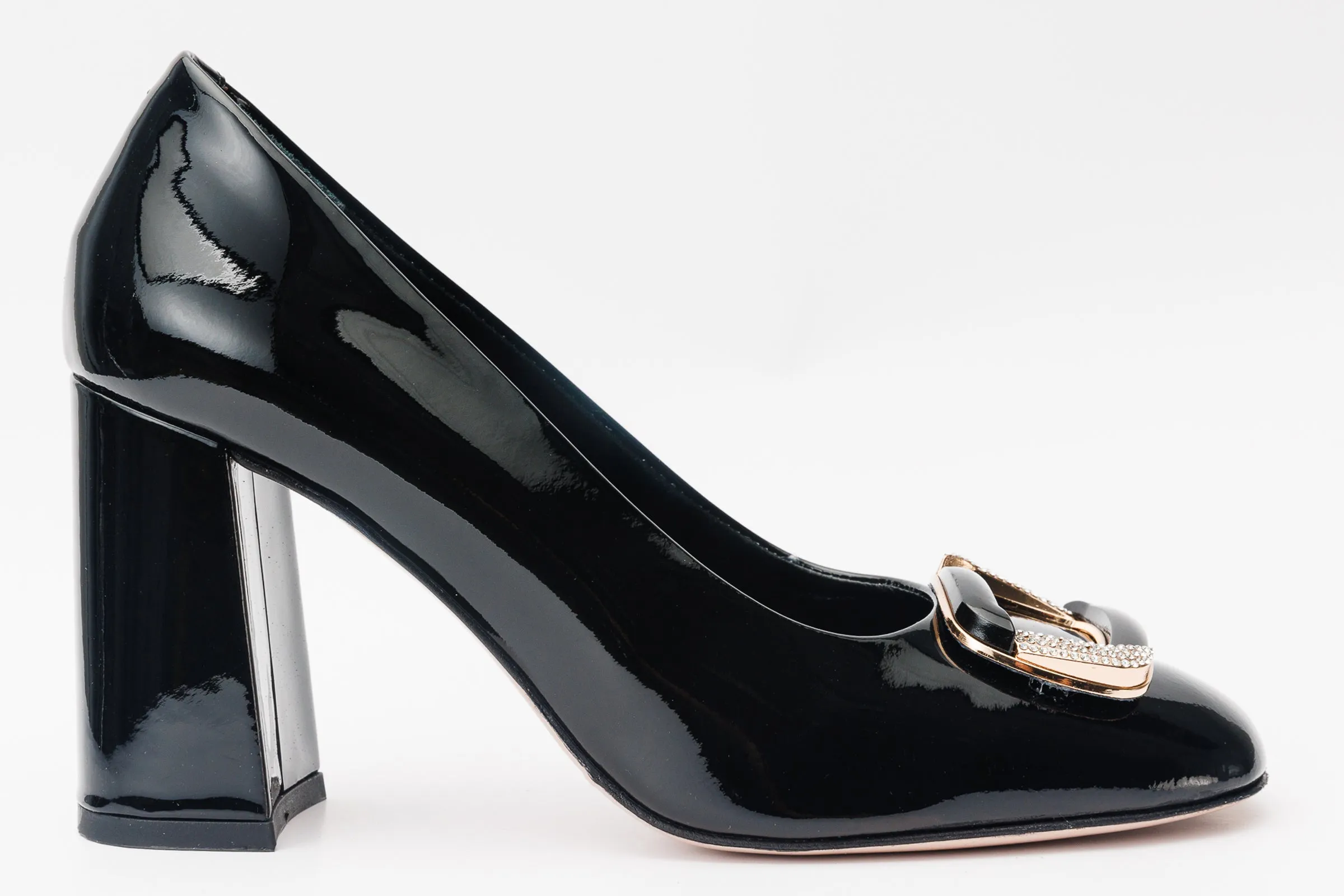 The Ferrara Black Patent Leather Block Heel Pump Women Shoe Point Cut Formal Pumps