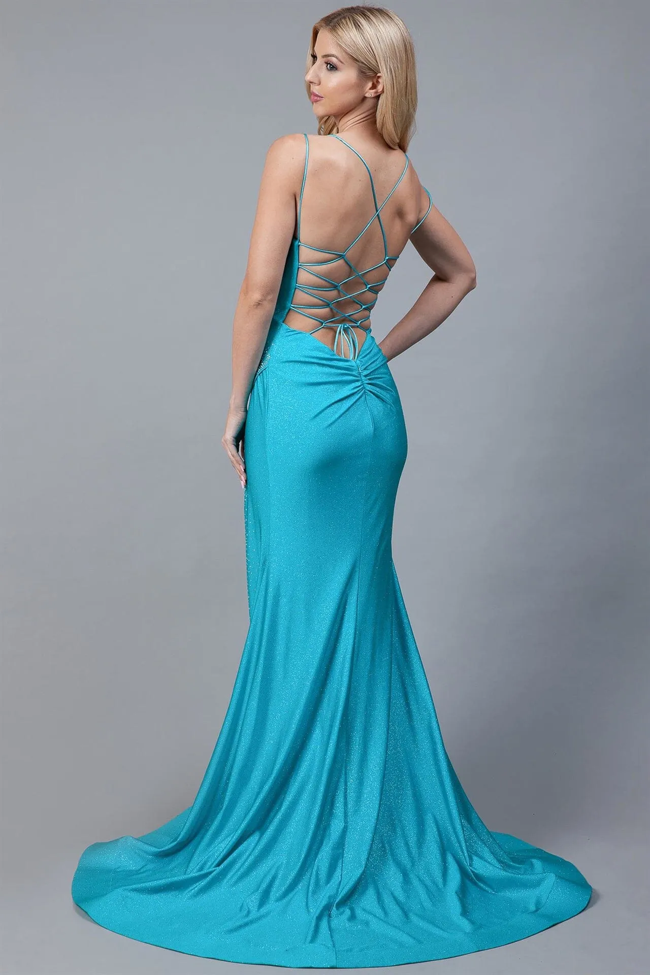 Glitter Fitted Cowl Neck Slit Gown by Amelia Couture 399