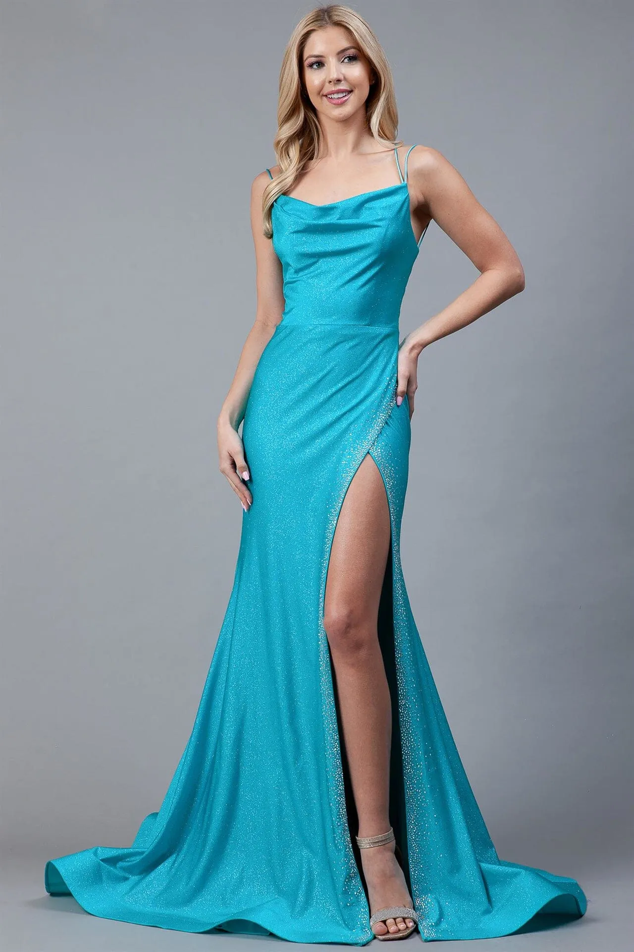 Glitter Fitted Cowl Neck Slit Gown by Amelia Couture 399