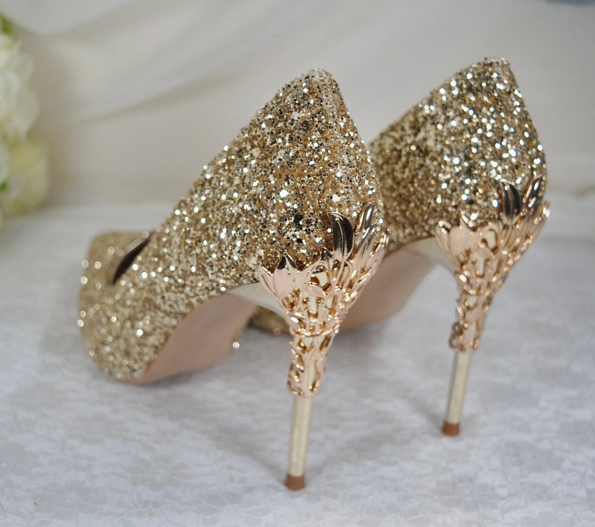 Gold Glitter Heels with Metal Leaf Vines, UK5/US7.5