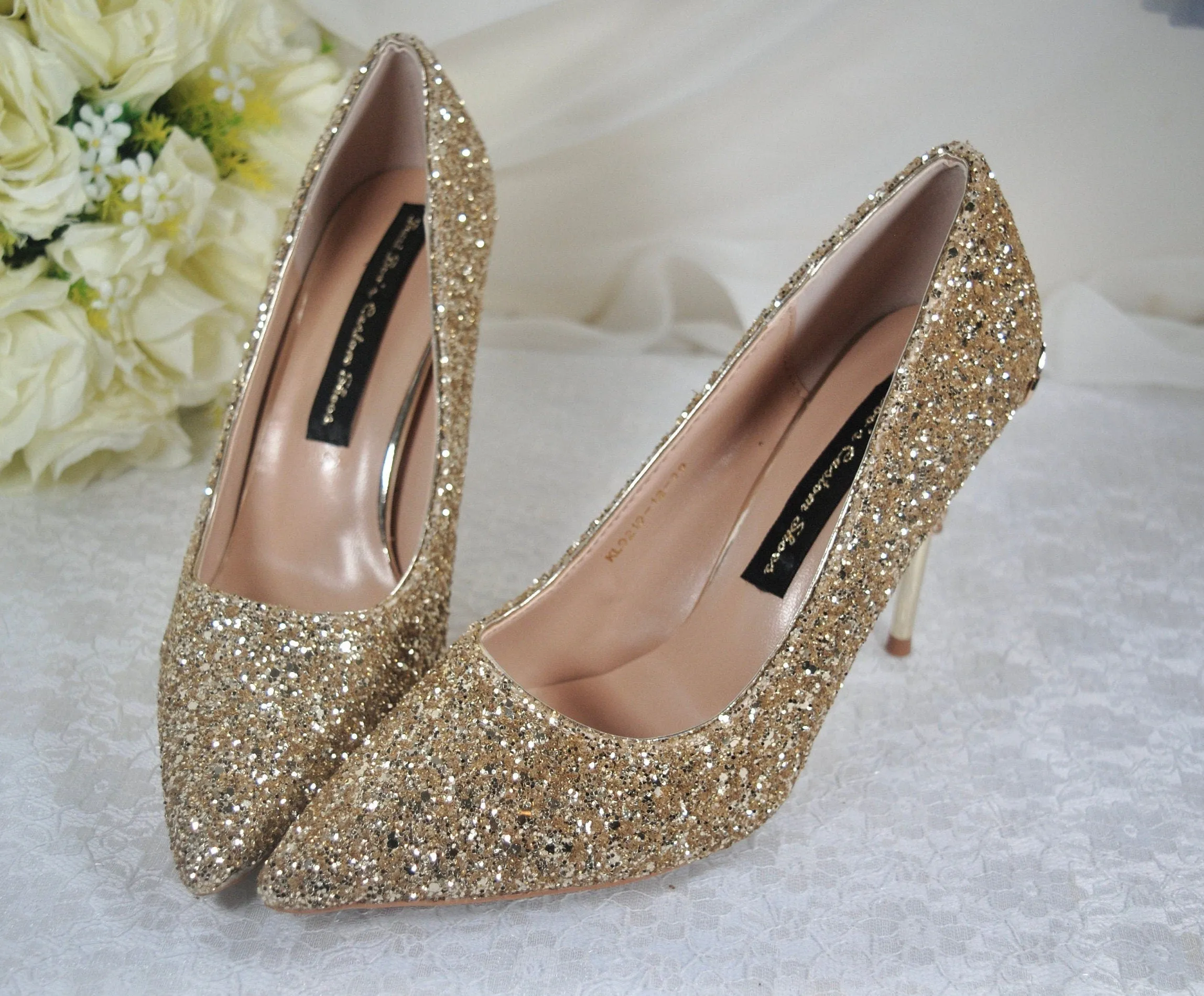 Gold Glitter Heels with Metal Leaf Vines, UK5/US7.5