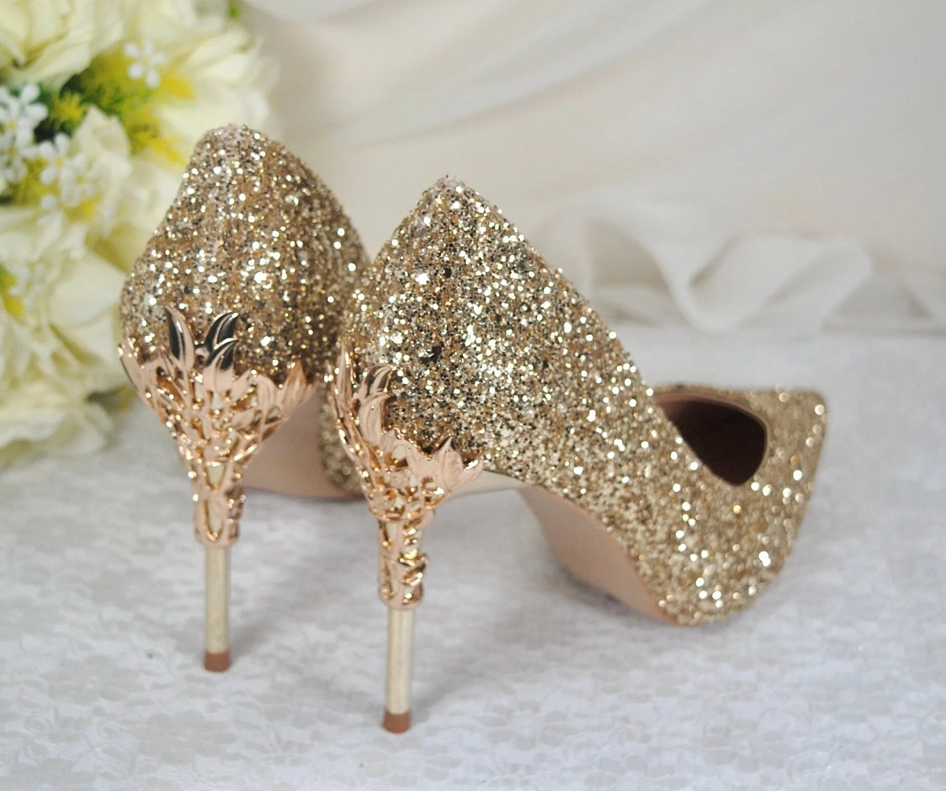 Gold Glitter Heels with Metal Leaf Vines, UK5/US7.5