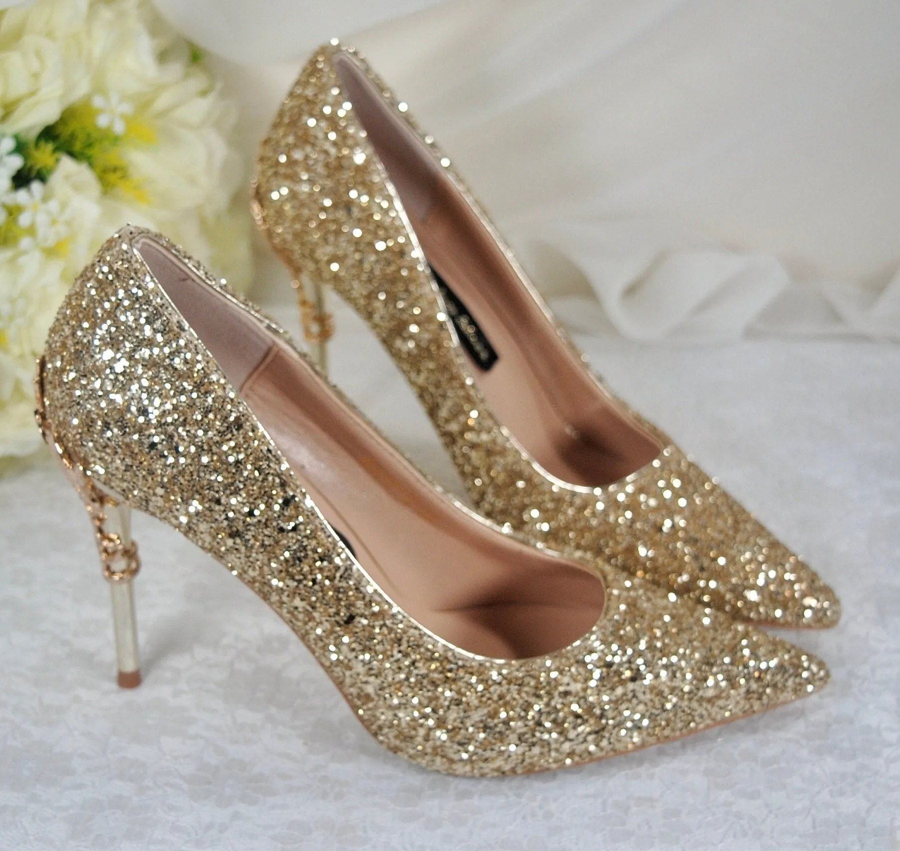 Gold Glitter Heels with Metal Leaf Vines, UK5/US7.5