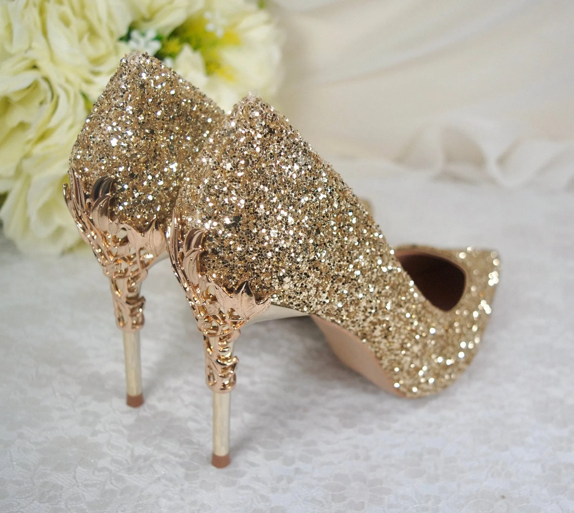 Gold Glitter Heels with Metal Leaf Vines, UK5/US7.5