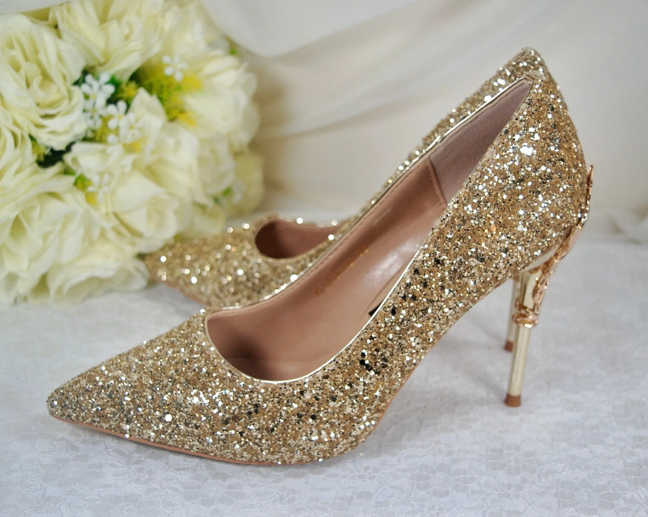Gold Glitter Heels with Metal Leaf Vines, UK5/US7.5
