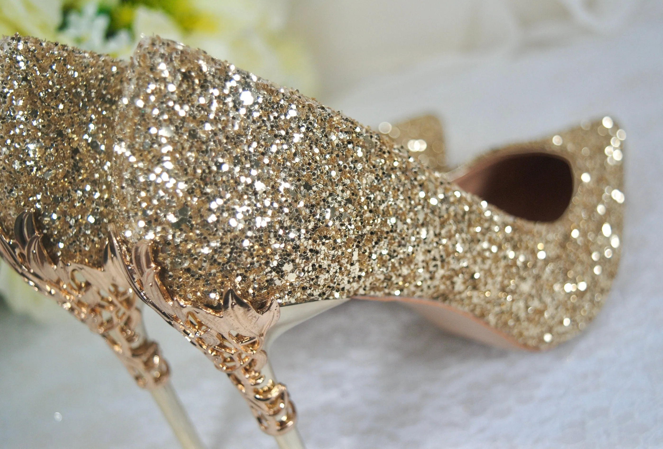 Gold Glitter Heels with Metal Leaf Vines, UK5/US7.5