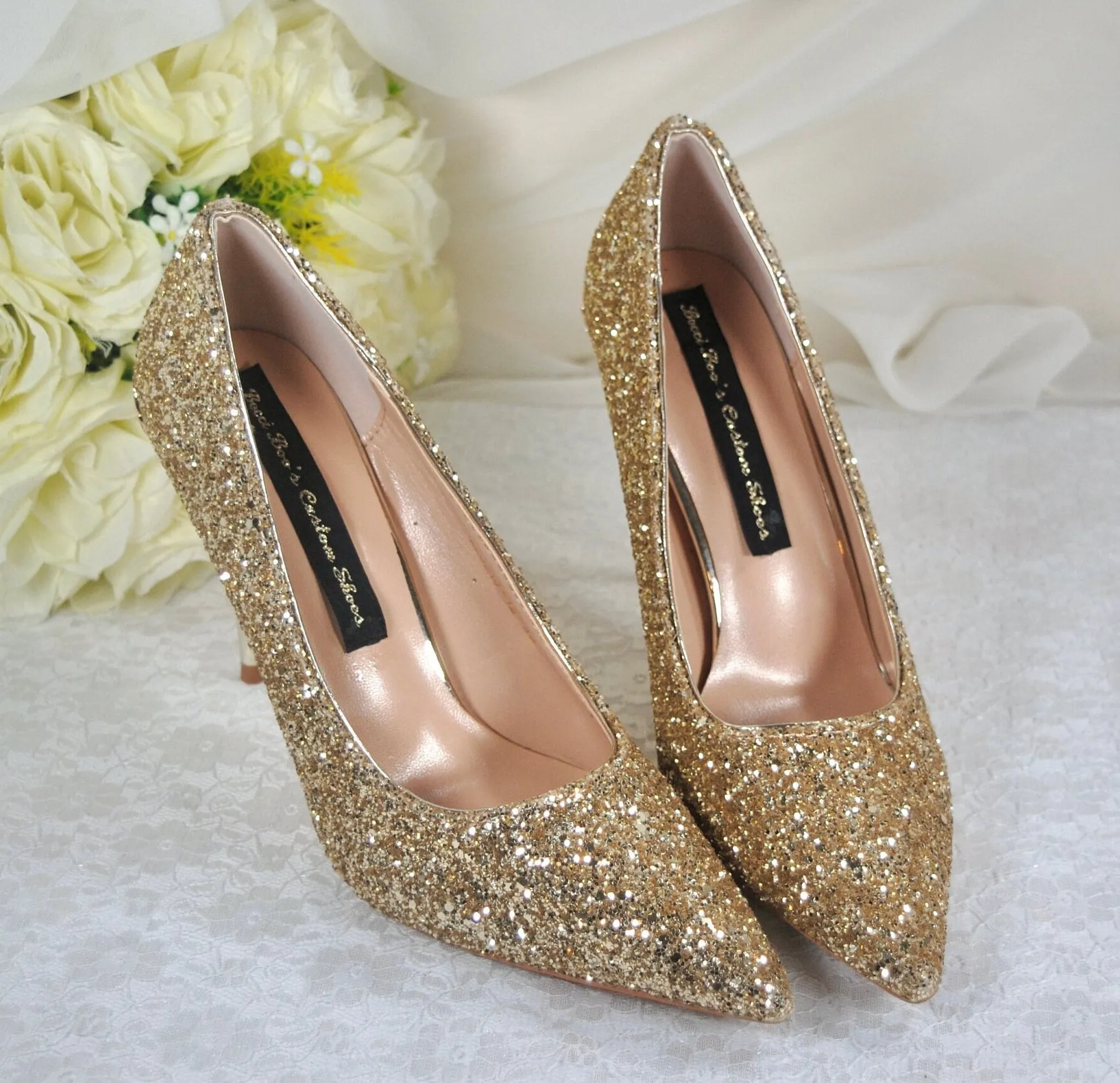 Gold Glitter Heels with Metal Leaf Vines, UK5/US7.5