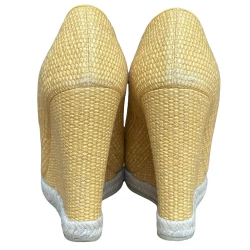 GUCCI Mustard Raffia Charlotte Horsebit Peep Toe Wedge Pumps, Size 38.5