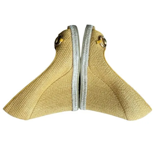 GUCCI Mustard Raffia Charlotte Horsebit Peep Toe Wedge Pumps, Size 38.5