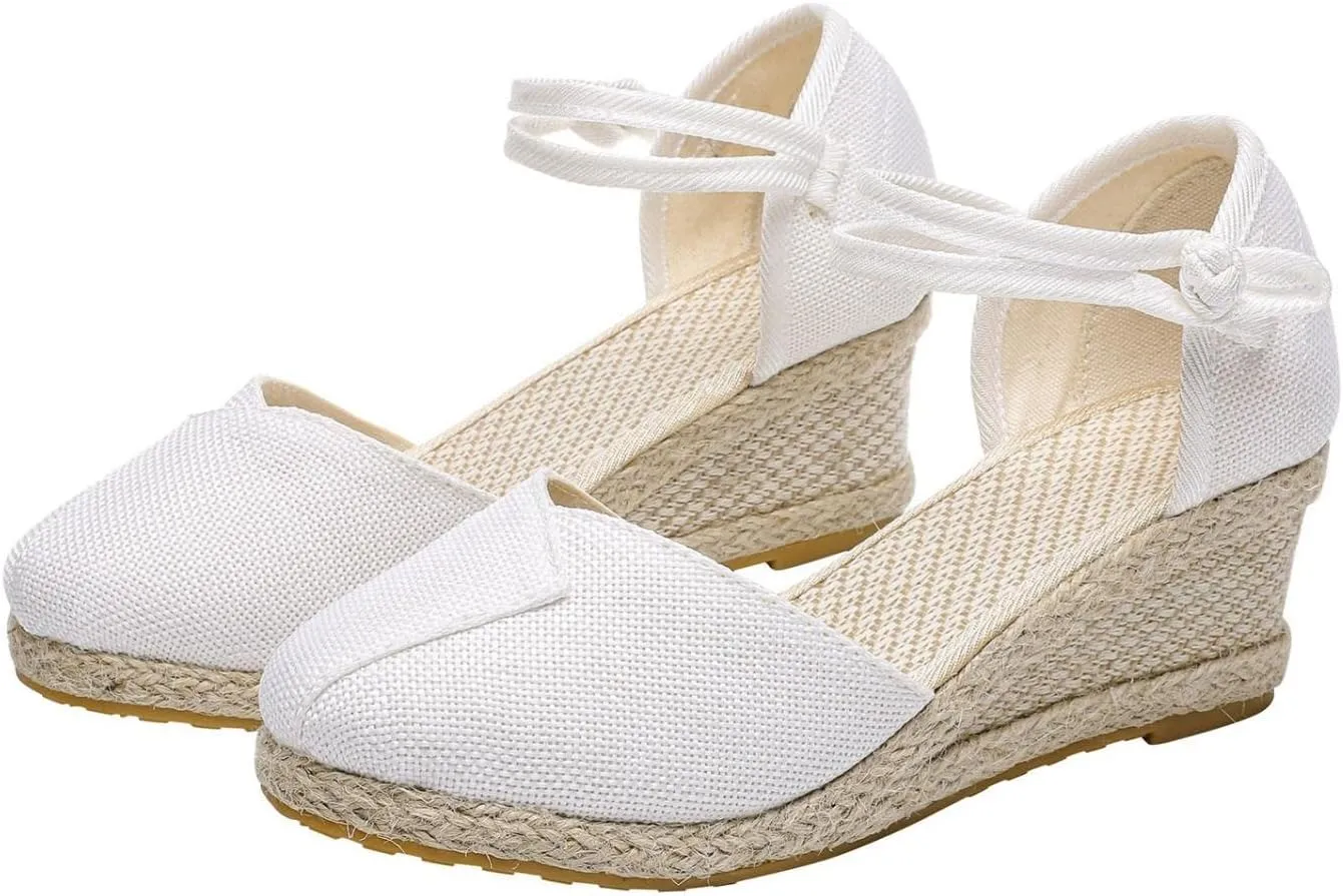 Hbeylia Wedge Platform Loafers for Women Ladies Fashion Casual Espadrille Vintage High Heeled Closed Round Toe Sandals Autumn Summer Elastic Cross Ankle Strap Beach Walking Shoes