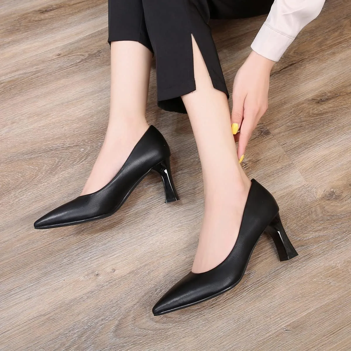 Hee grand Women Heels Slip On Chunky High Heels Black Work Heels Comfort Dress Pumps