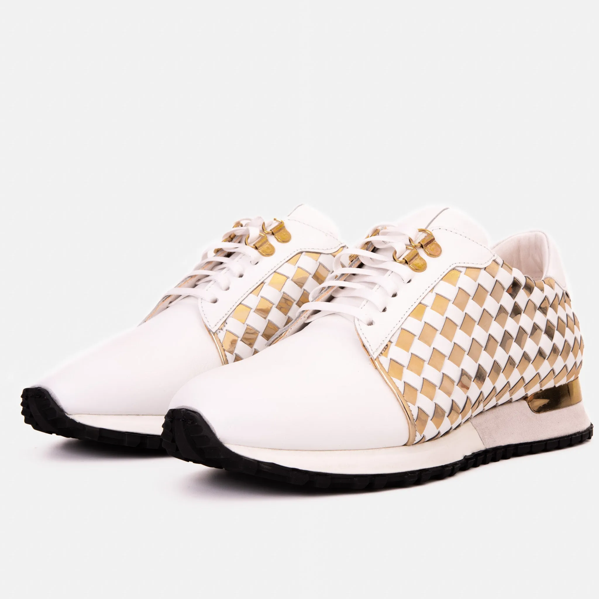 The Mackenzie White & Gold Woven Leather Men Sneaker Cloud cushion