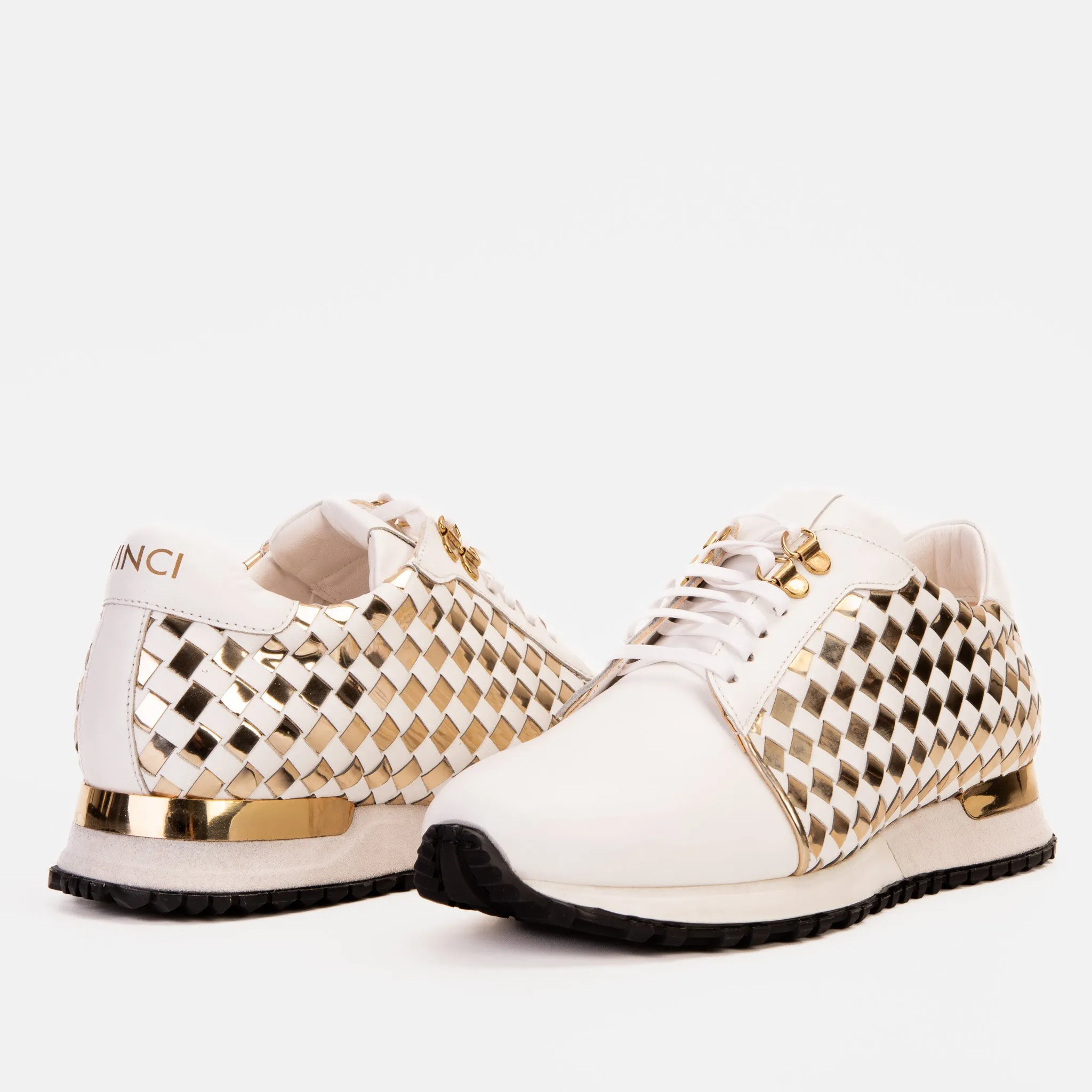 Flexible Construction The Mackenzie White & Gold Woven Leather Men Sneaker