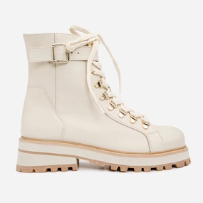 The Belgrano Cream Leather Lace-Up Ankle Women Boot With a Side Zipper All Season Insulated River Crossing
