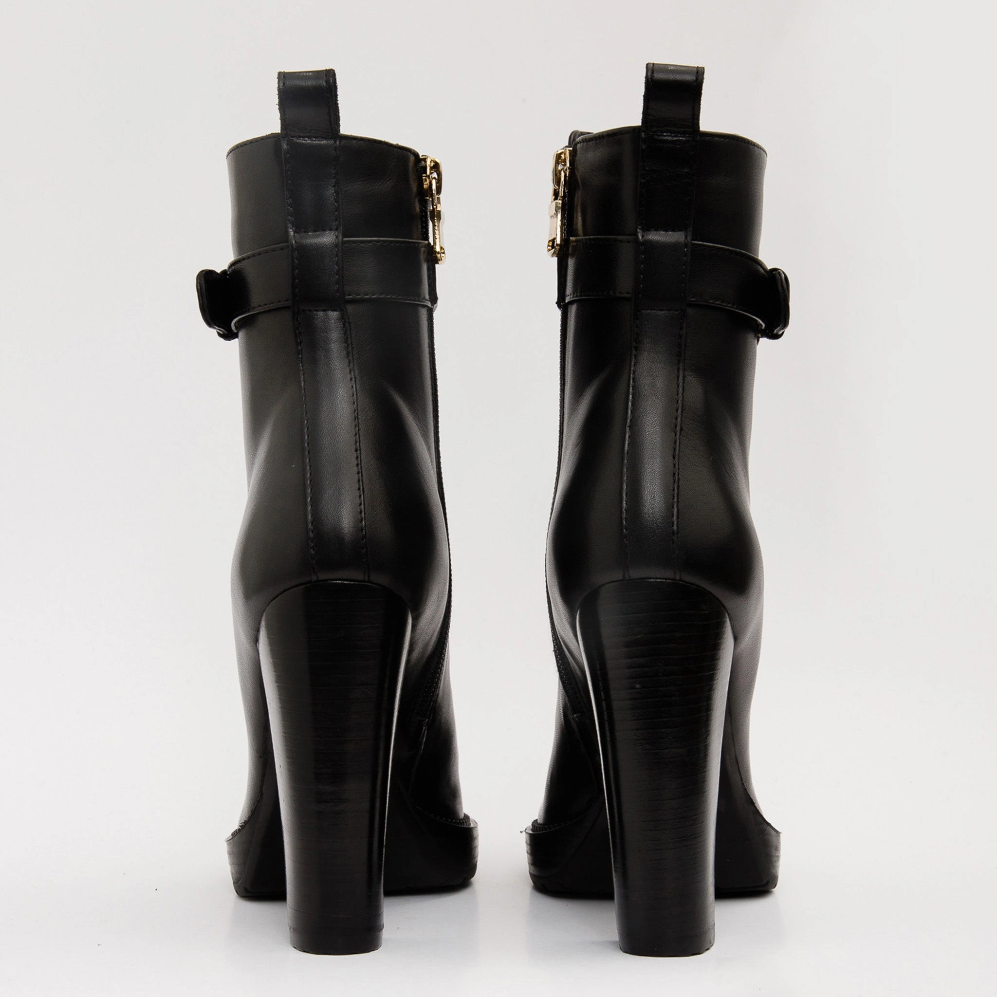 Elasticated Adjustable Straps The Estrada Black Leather Lace-Up Platform Heel Mid Calf Women Boot