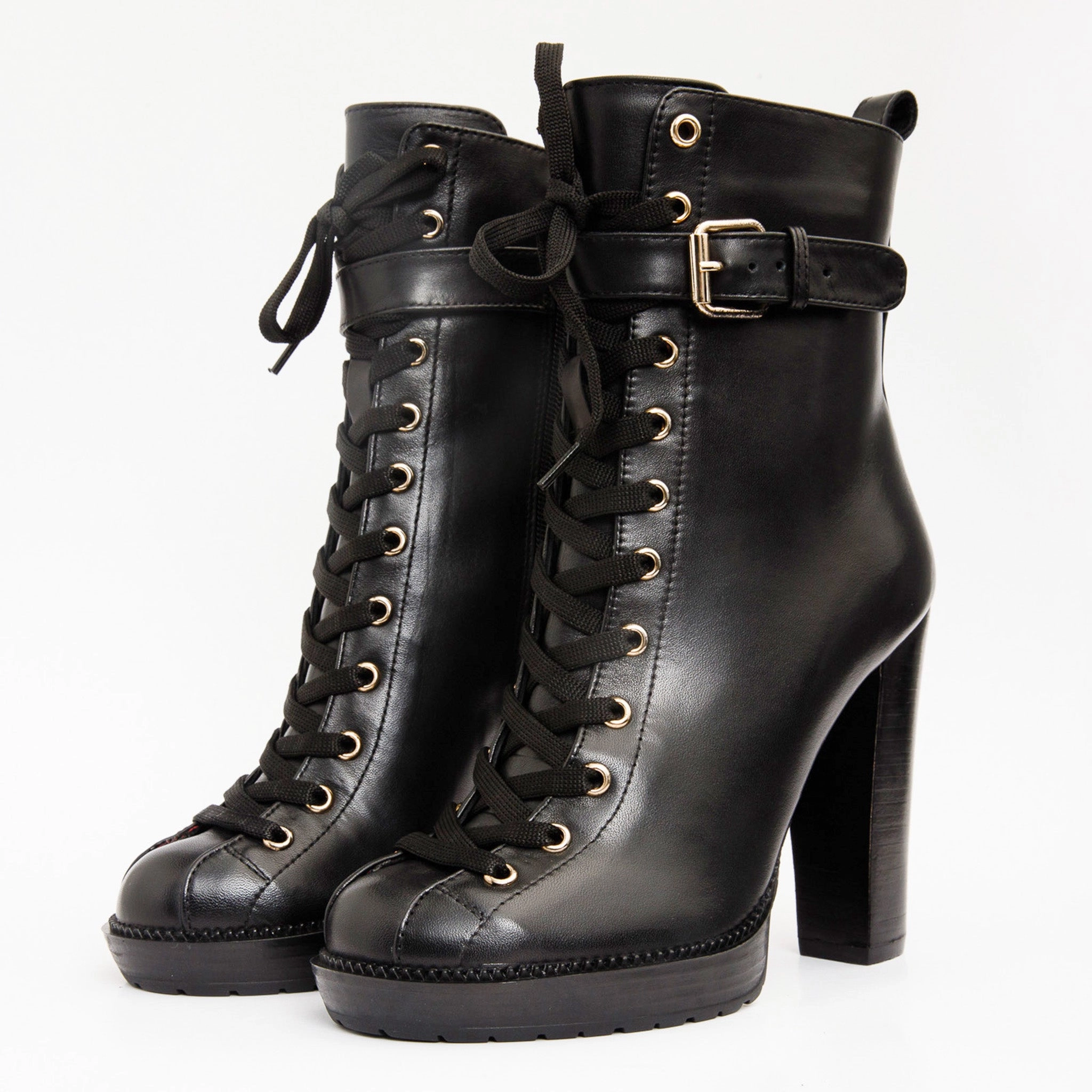Flexible Shaft Design Abrasion Resistant Surface The Estrada Black Leather Lace-Up Platform Heel Mid Calf Women Boot