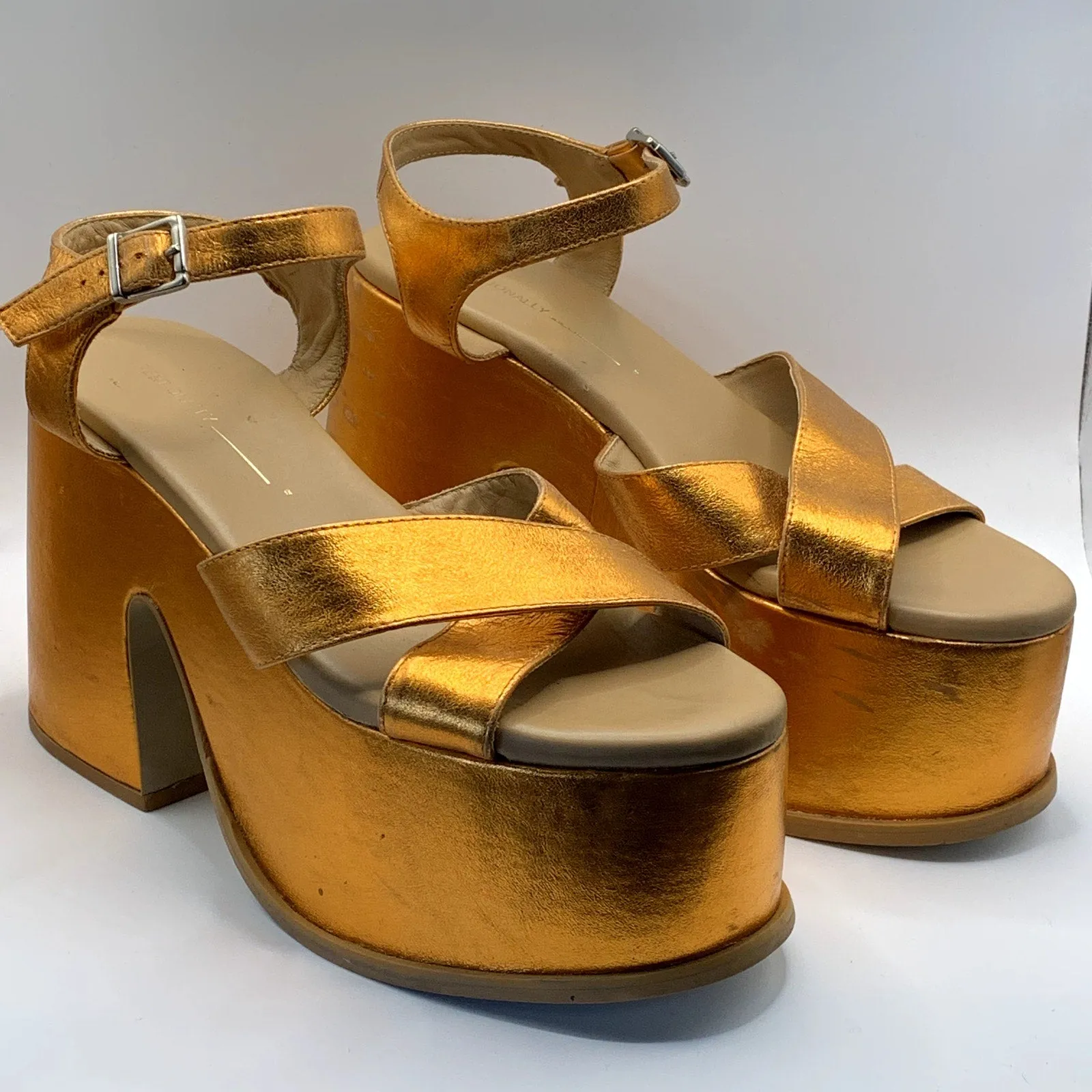 INTENTIONALLY Women's Orange Metallic John Platform Block-Heel Heels SZ 10.5