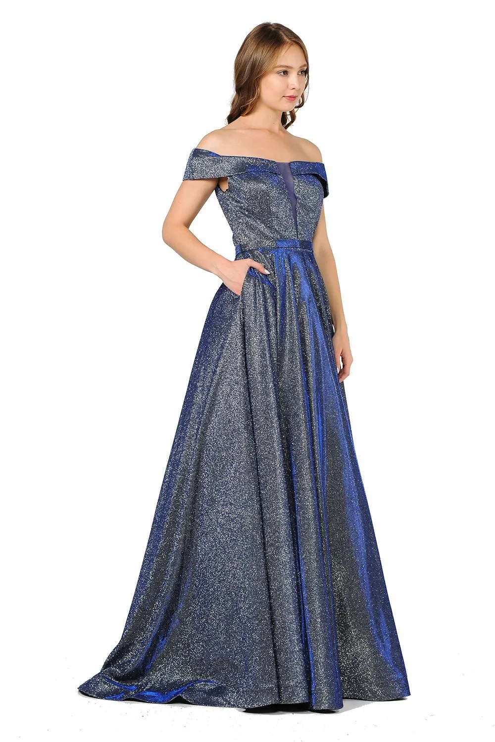 Iridescent Glitter Long Off the Shoulder Dress by Poly USA 8464