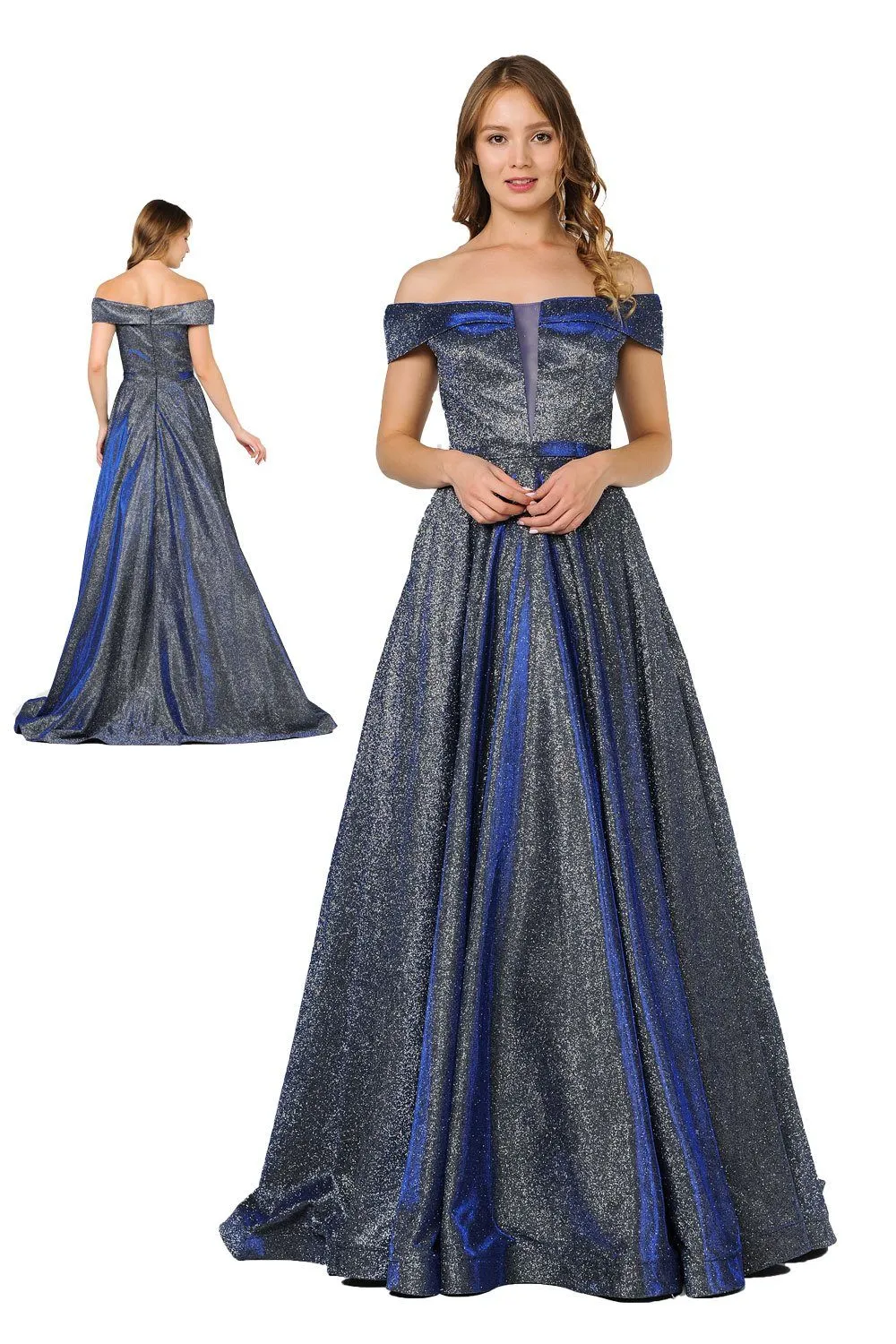 Iridescent Glitter Long Off the Shoulder Dress by Poly USA 8464