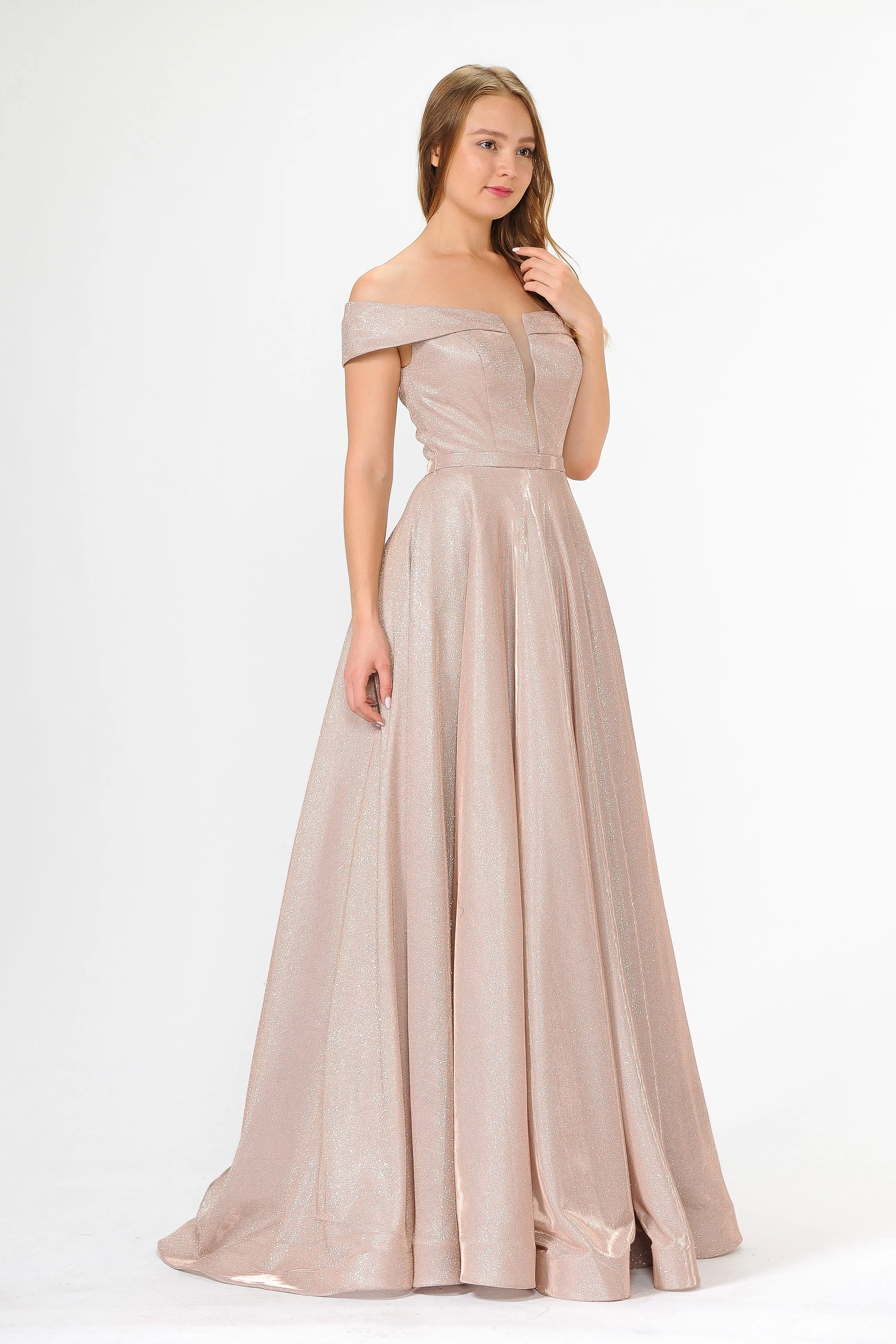 Iridescent Glitter Long Off the Shoulder Dress by Poly USA 8464