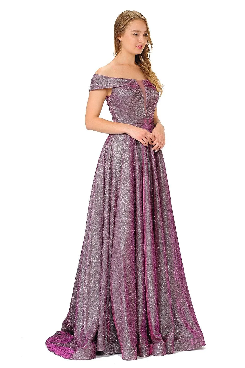 Iridescent Glitter Long Off the Shoulder Dress by Poly USA 8464