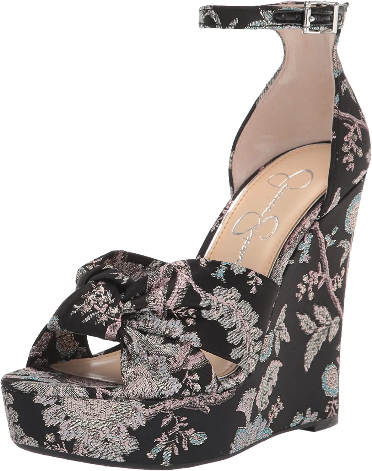 Jessica Simpson Tyssie Blue Pewter Ankle Strap Floral Wedge Platform Sandals