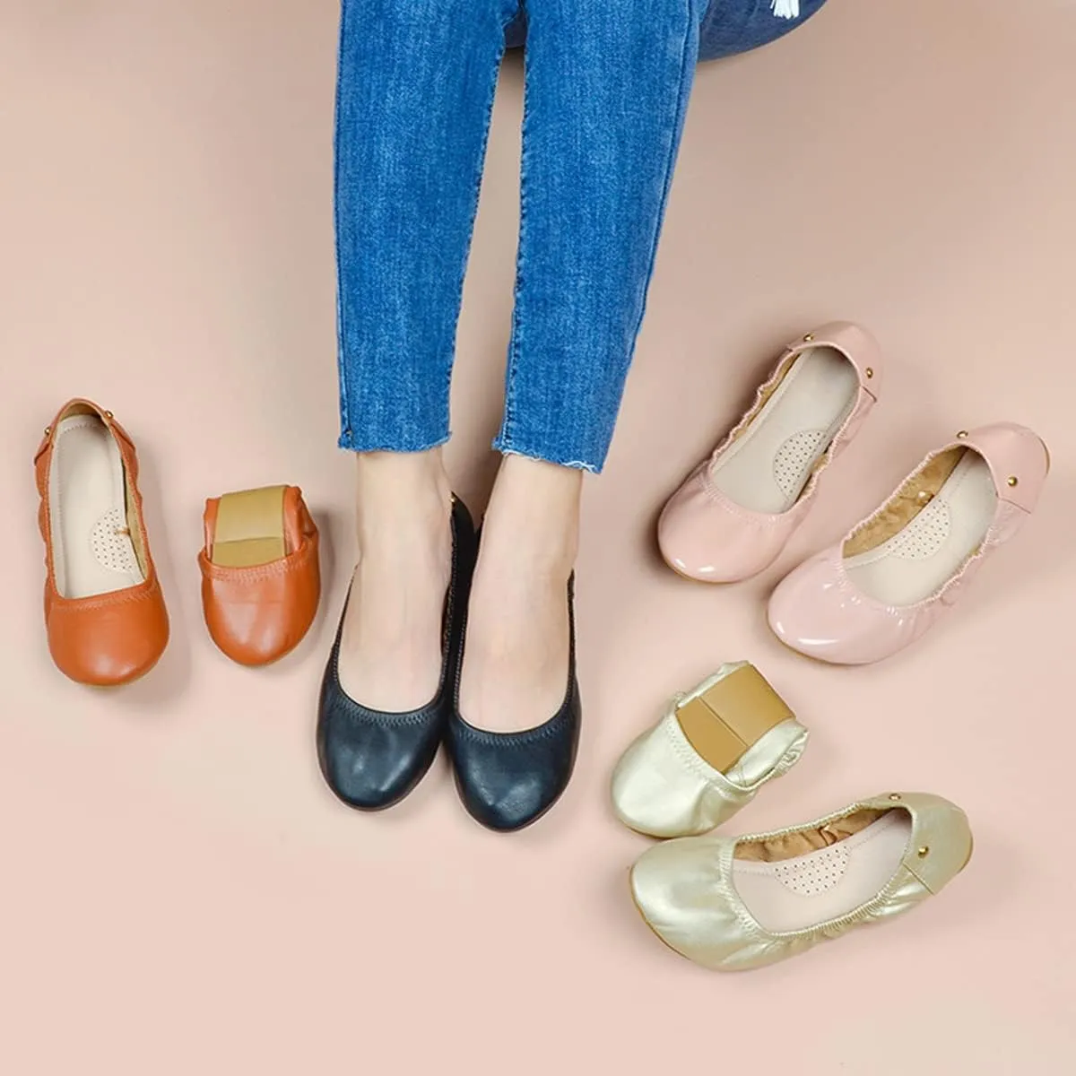 JiangWei Shu Women's Round Toe Ballet Flats Slip On Soft Casual Shoes