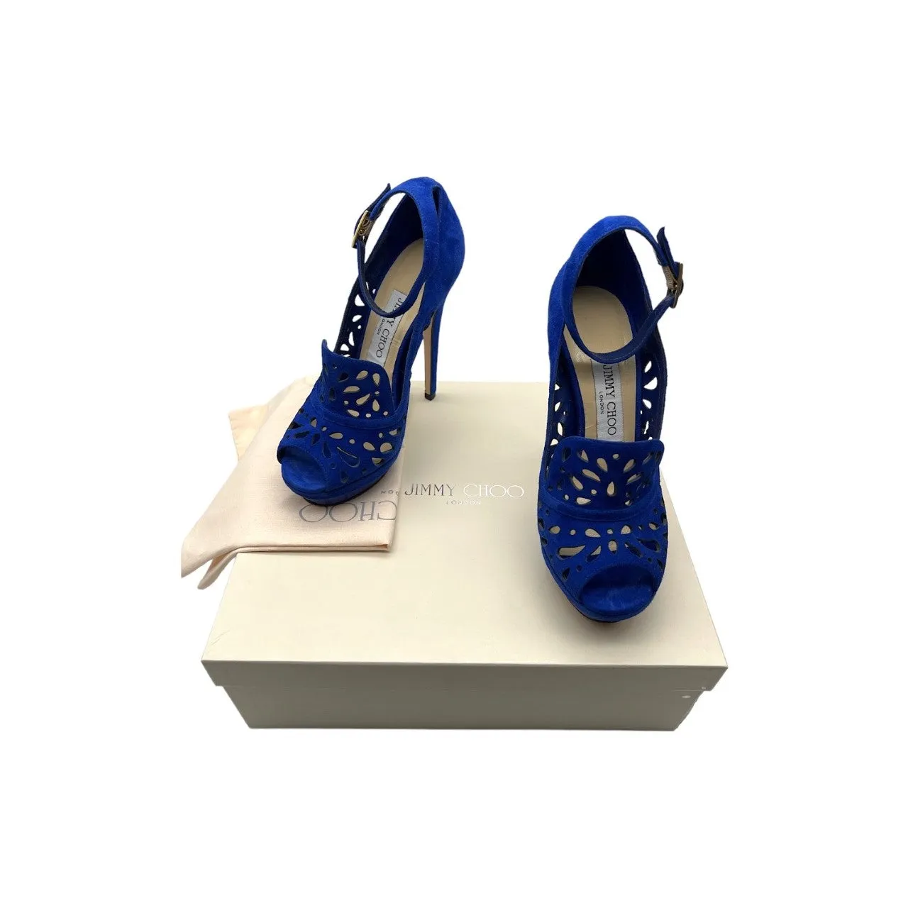 JIMMY CHOO Kalan Perforated Blue Suede Platform Pumps - Sz. 36.5