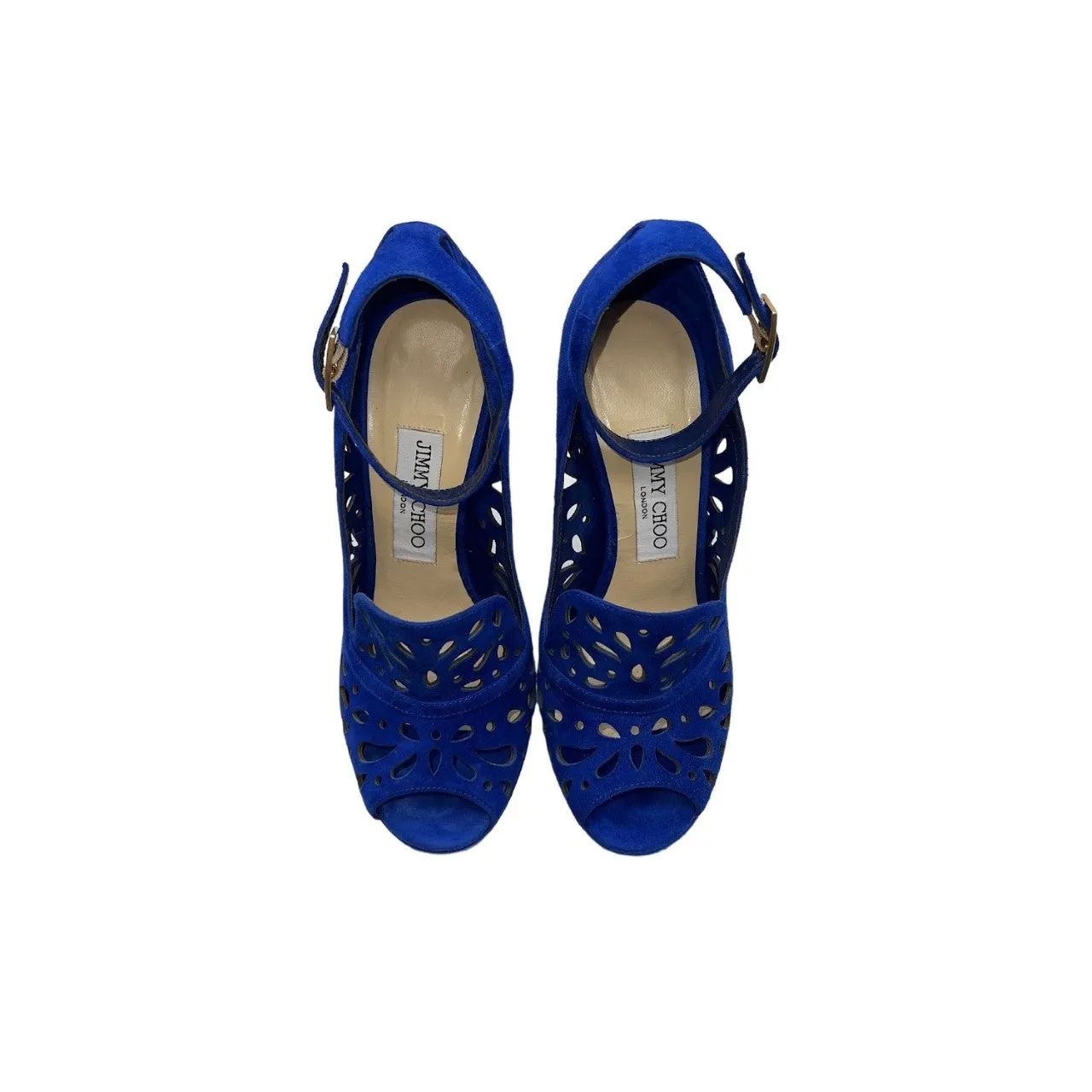 JIMMY CHOO Kalan Perforated Blue Suede Platform Pumps - Sz. 36.5