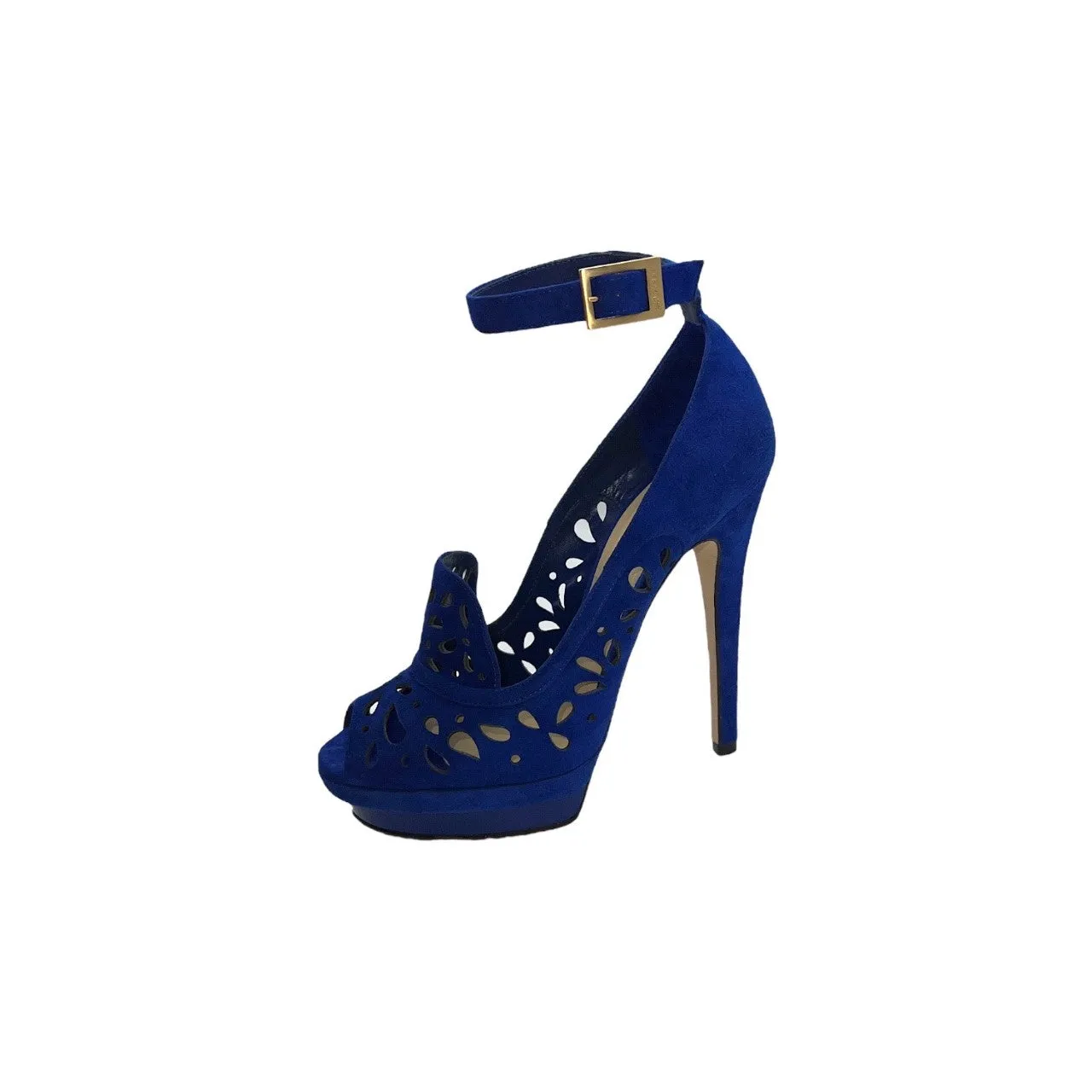 JIMMY CHOO Kalan Perforated Blue Suede Platform Pumps - Sz. 36.5