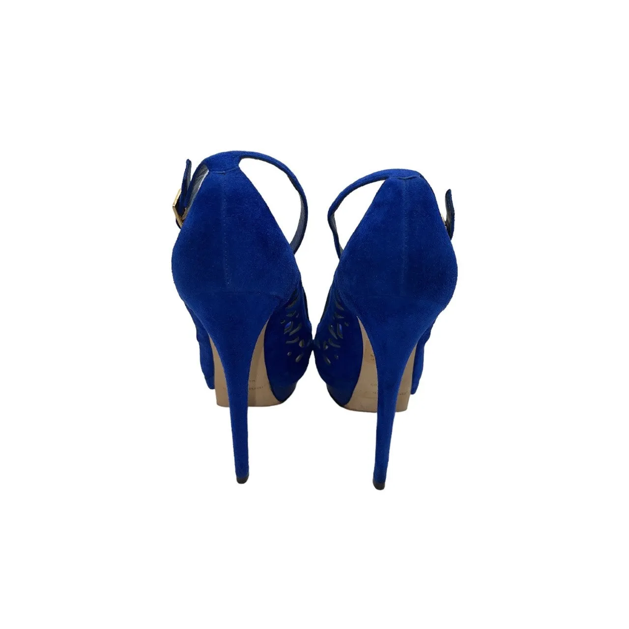 JIMMY CHOO Kalan Perforated Blue Suede Platform Pumps - Sz. 36.5