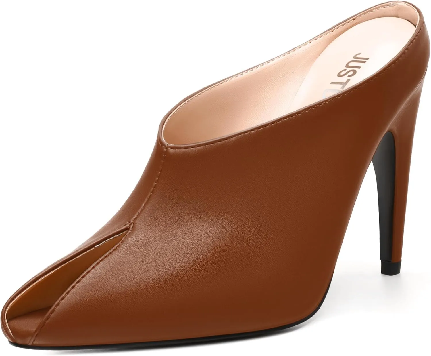 JUSTDANNI Mules for Women Heels Peep Open Toe Stiletto High Heel Sandals Slingback Slip On Comfortable Casual Wedding Office Dating Dress Shoes