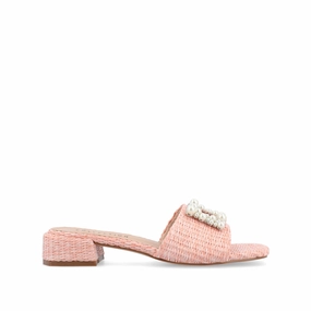 JUSTINA HEELED SANDALS IN FAUX RAFFLA Weekend Fit Adjustable buckle