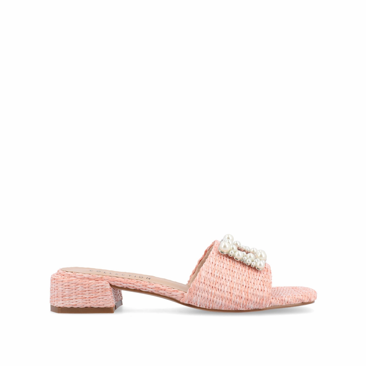 JUSTINA HEELED SANDALS IN FAUX RAFFLA Weekend Fit Adjustable buckle