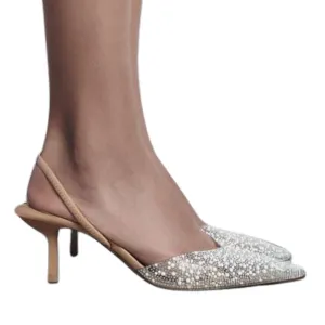 KATHLEEN POINTED TOE PEARL DIAMANTE RHINESTONE SLINGBACK COURT SHOE HEELS IN NUDE