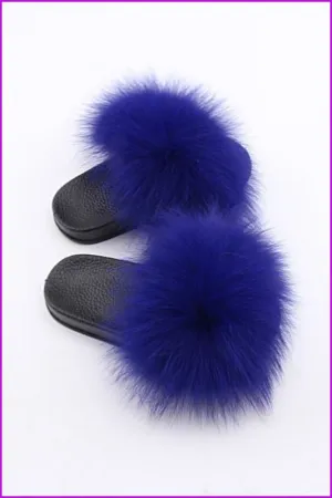 Kids Royal Blue Fox Fur Sliders F003