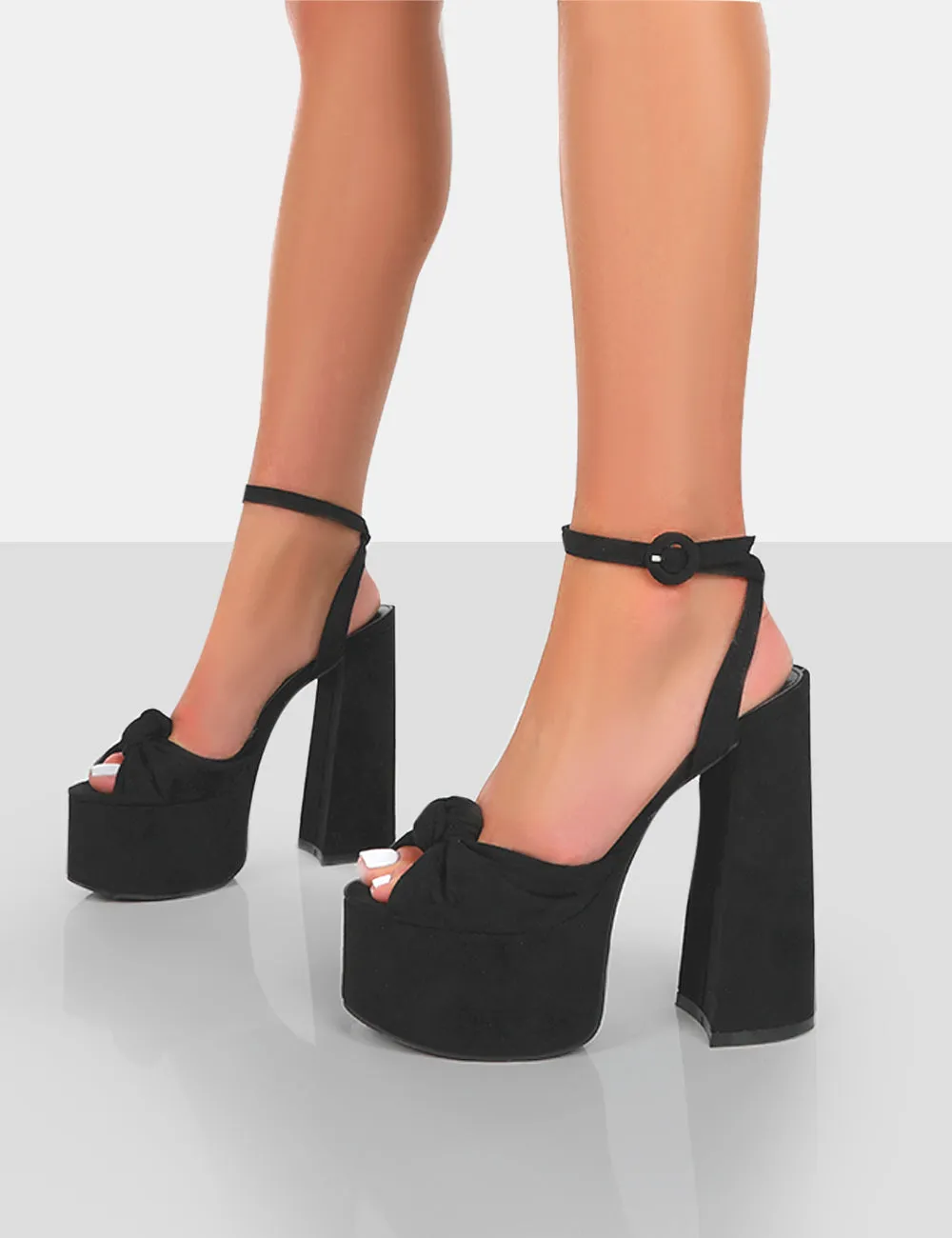 Knot On Black Faux Suede Platform High Heels