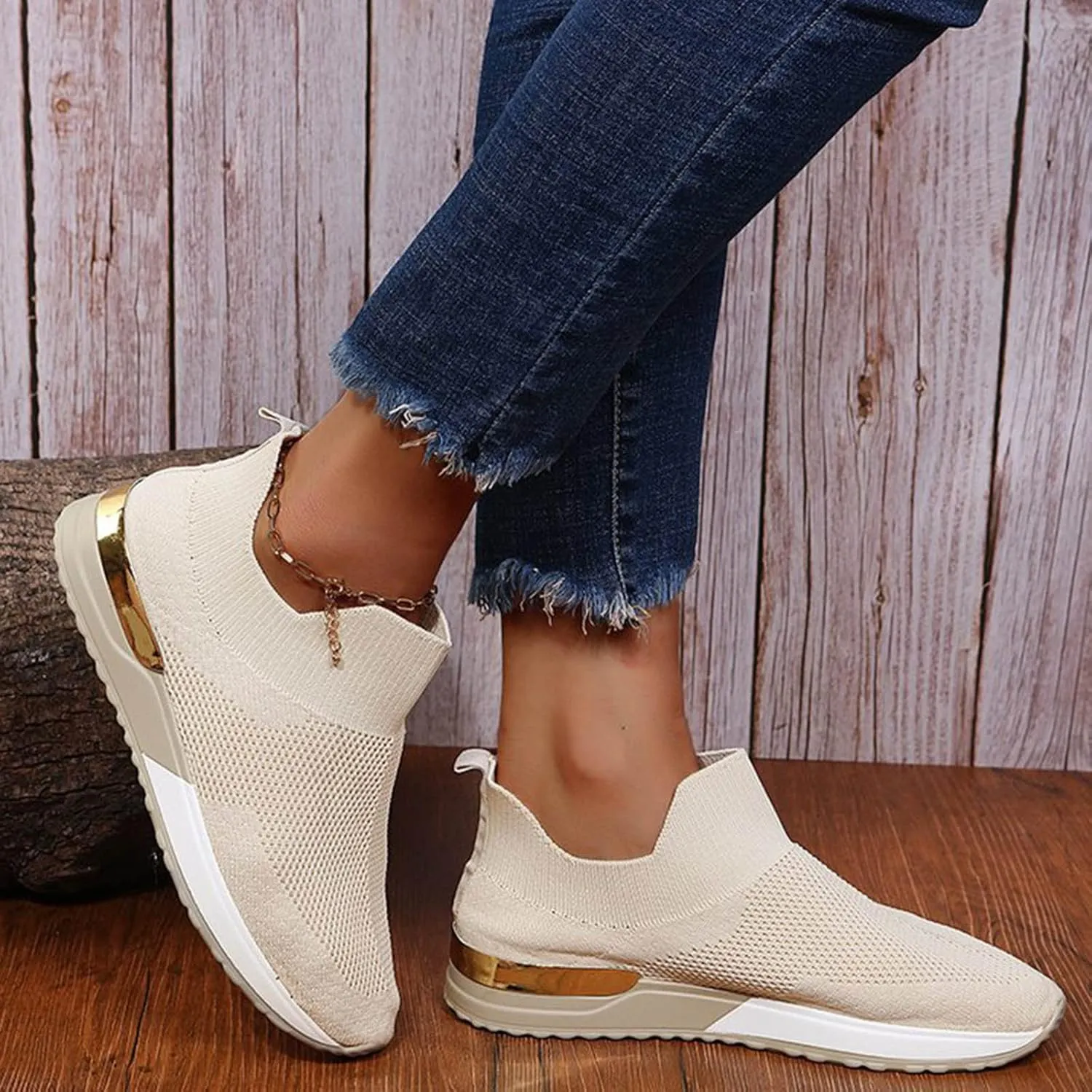 Ladies Fashion Solid Color Breathable Mesh Knitted Flat Casual Sports Shoes Womens Sneaker Wedge Booties