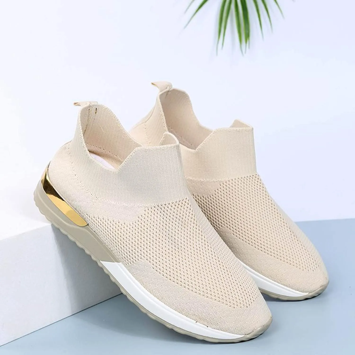 Ladies Fashion Solid Color Breathable Mesh Knitted Flat Casual Sports Shoes Womens Sneaker Wedge Booties