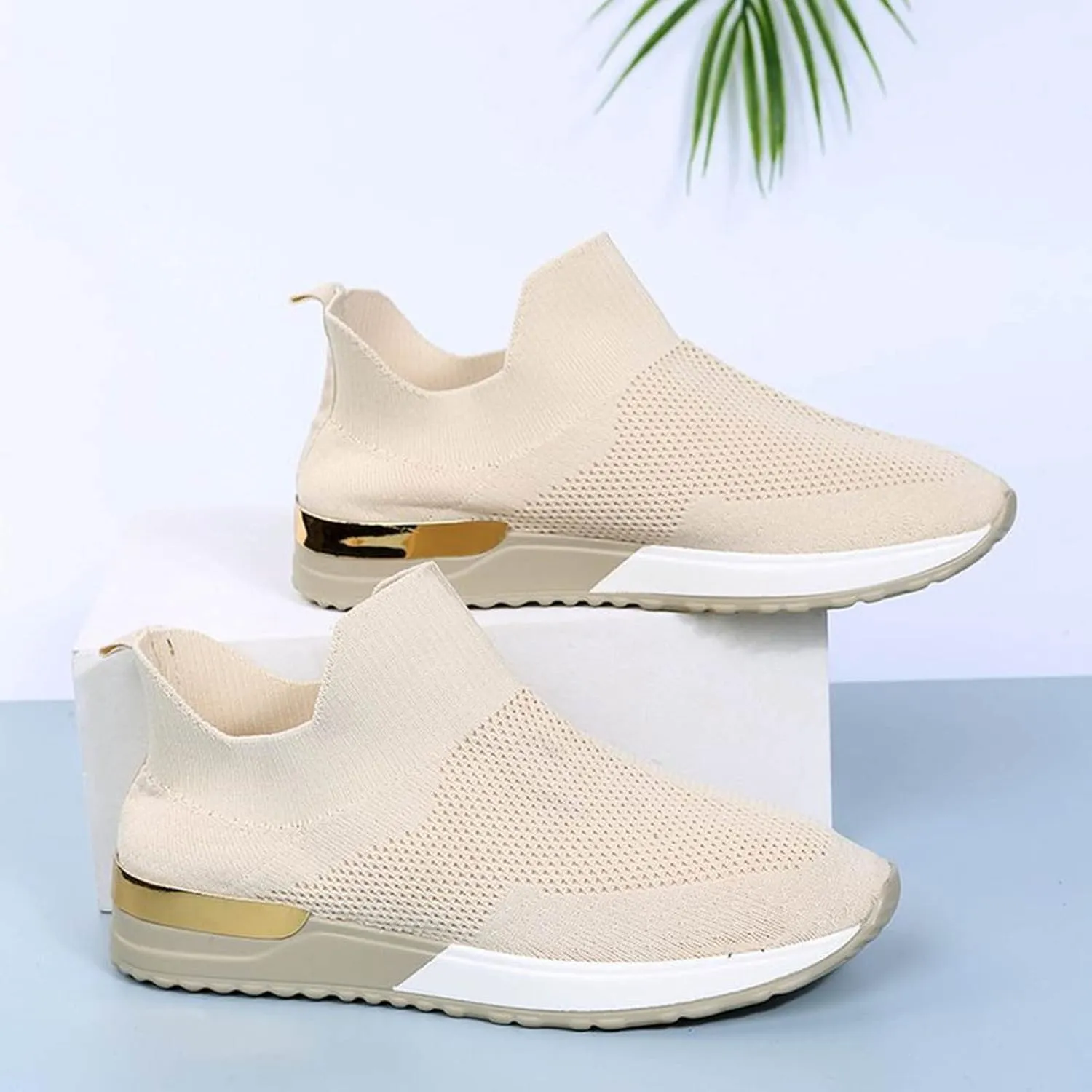 Ladies Fashion Solid Color Breathable Mesh Knitted Flat Casual Sports Shoes Womens Sneaker Wedge Booties