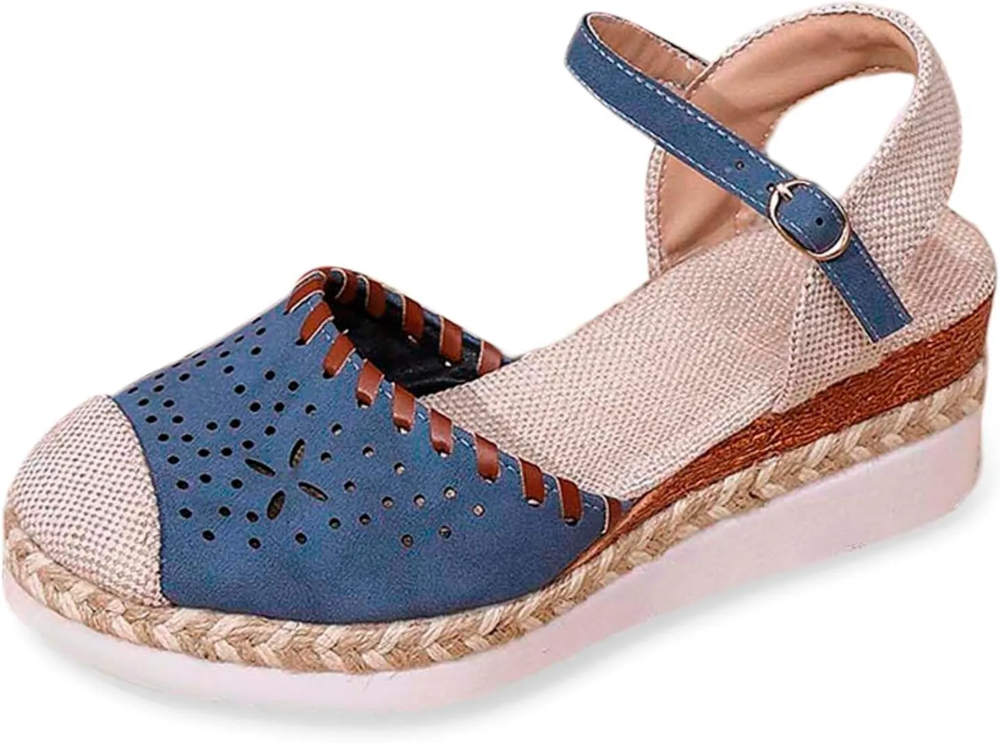 Ladies Weave Round Toe Buckle Strap Summer Slope Heel Thick Soled Wedges Sandals Tan Shoes for Women Sandals