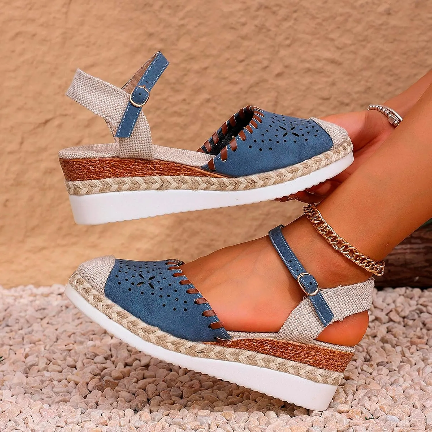 Ladies Weave Round Toe Buckle Strap Summer Slope Heel Thick Soled Wedges Sandals Tan Shoes for Women Sandals