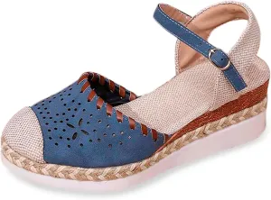Ladies Weave Round Toe Buckle Strap Summer Slope Heel Thick Soled Wedges Sandals Tan Shoes for Women Sandals