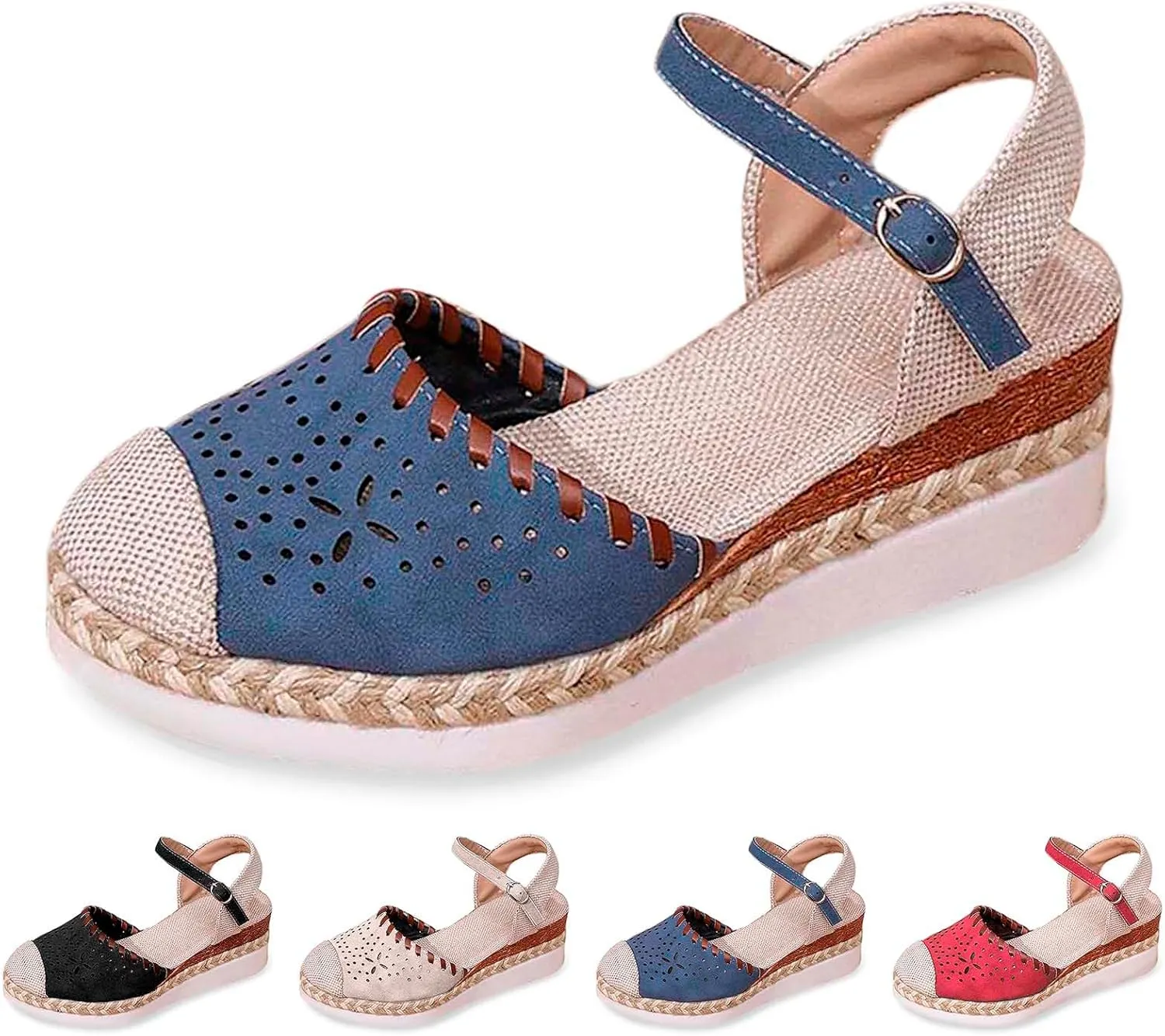 Ladies Weave Round Toe Buckle Strap Summer Slope Heel Thick Soled Wedges Sandals Tan Shoes for Women Sandals