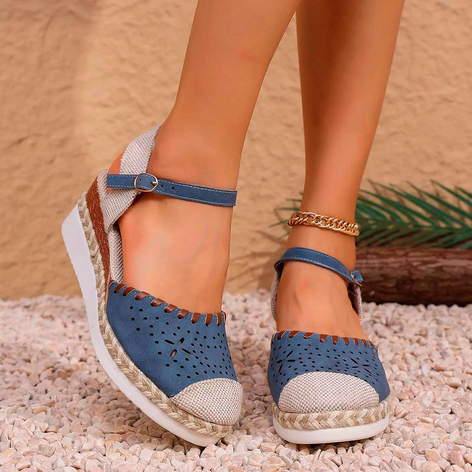 Ladies Weave Round Toe Buckle Strap Summer Slope Heel Thick Soled Wedges Sandals Tan Shoes for Women Sandals