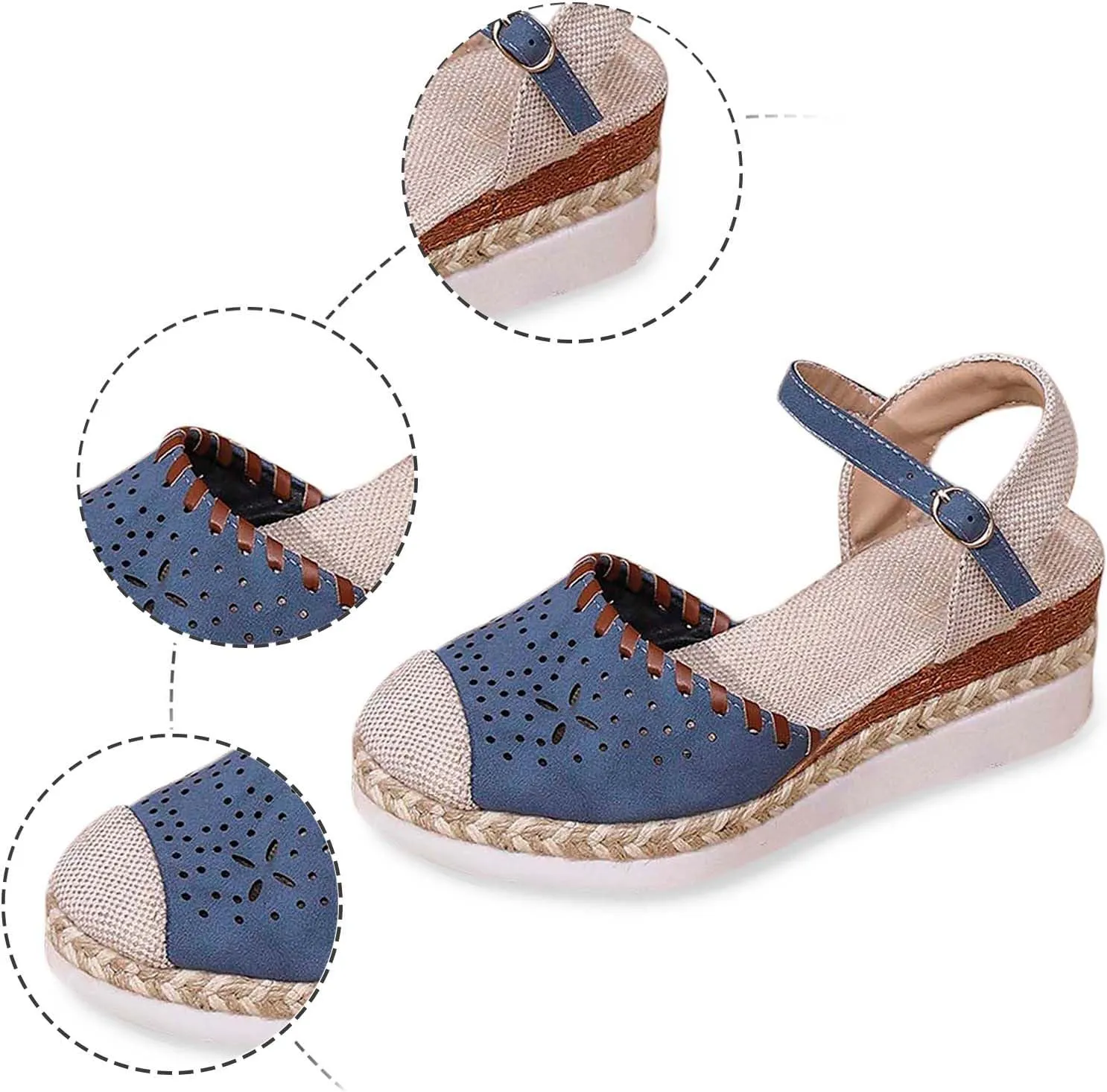 Ladies Weave Round Toe Buckle Strap Summer Slope Heel Thick Soled Wedges Sandals Tan Shoes for Women Sandals