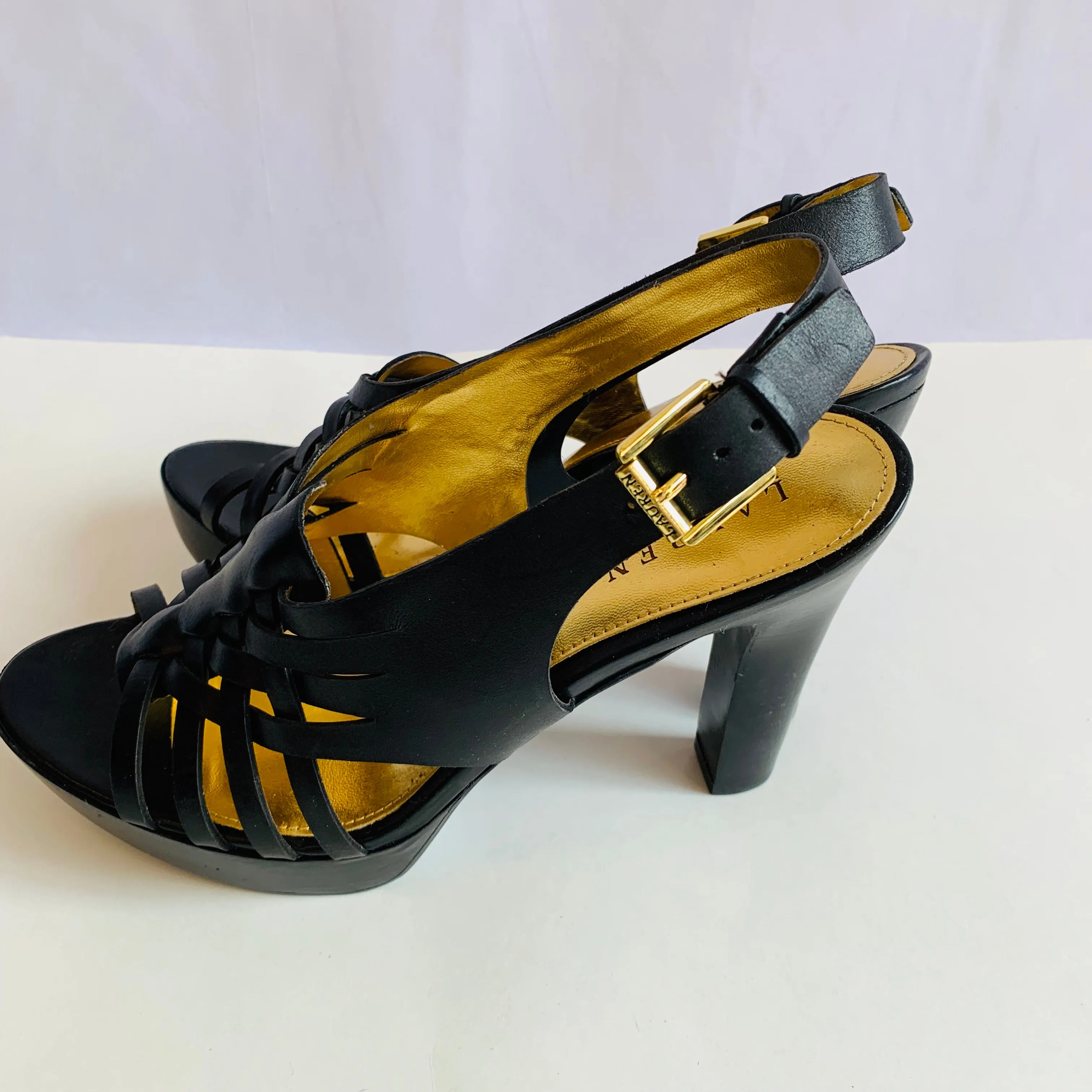 Lauren By Ralph Lauren Black Woven Leather Platforms Size 9.5
